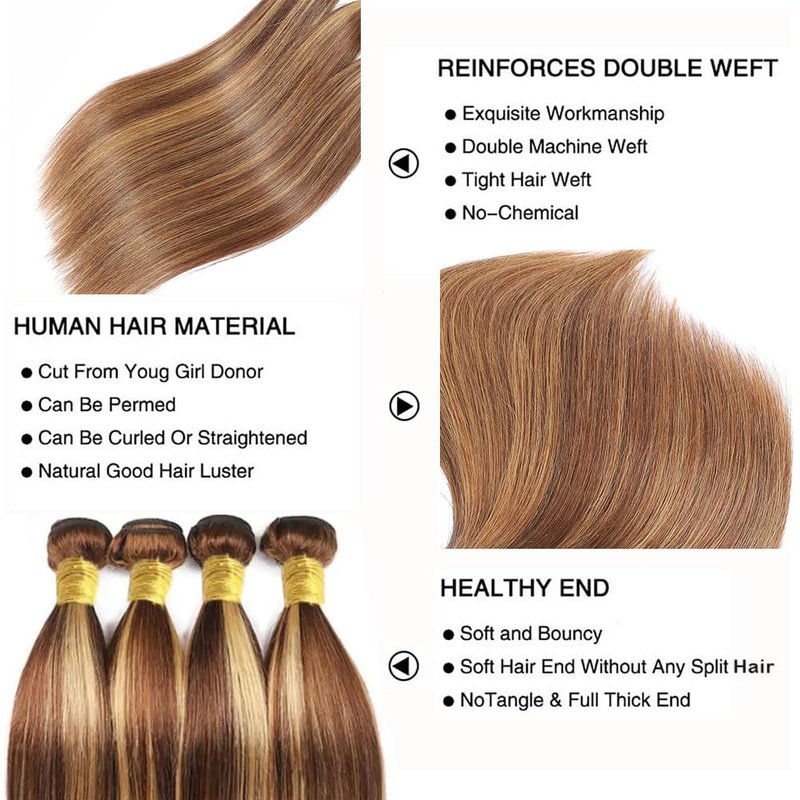 4/27 Human Hair Bundles Ombre Straight Bundles Highlight Bundle 12 14 16 Inch Double Weft Unprocessed Brazilian Virgin Remy Hair Extensions Healthy And Soft 3Pcs/Set Deals