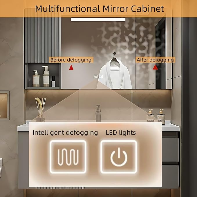 40IN Suspended Bathroom Cabinet Combo Set - Fully Functional LED Mirror with Smart Defogging & Time Display | Bathroom Vanity with Sink,Side Cabinet Storage Compartment (Style A)