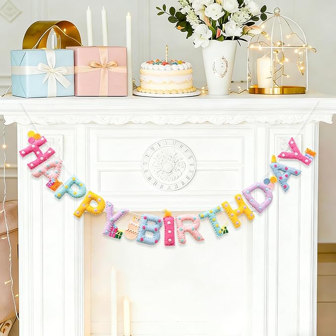Updated Pre-Strung Handmade Wool Felt Pastel Happy Birthday Banner, Unique 3D Confetti Dots Happy Birthday Garland Decor, Reusable Happy Birthday Sign for Macaron Rainbow Party Backdrop Decorations