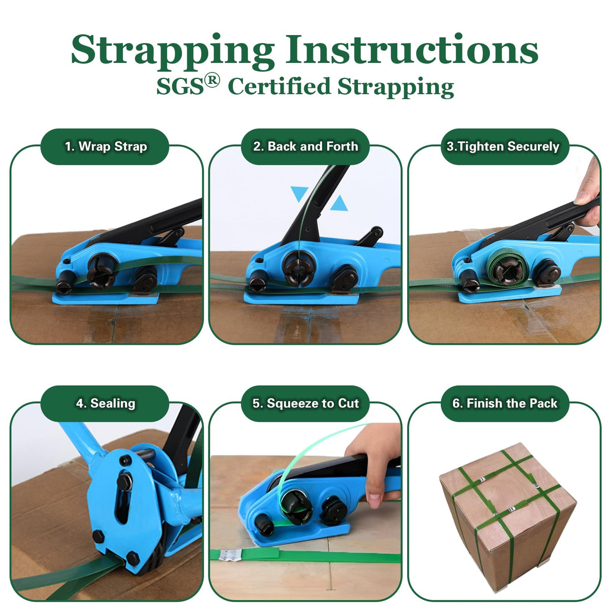 WCM Strapping Banding Strapping Kit, Pallet Strapping Kit, Packaging Banding Tool with 5/8" Width, 1000' Length Polyester Strapping Coil Roll and Dispenser Box – Heavy Duty Certified 1200 lbs Break
