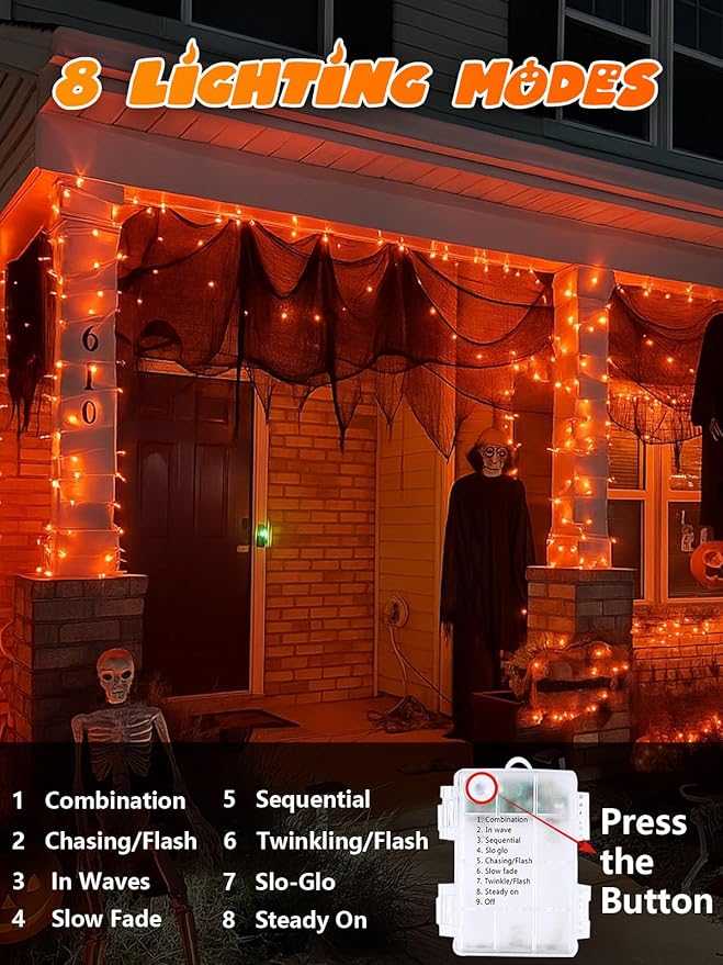 Halloween String Lights Battery Operated with Auto Timer, 33FT 100 LED Waterproof Orange String Lights with 8 Modes, Fairy Twinkle Light for Indoor & Outdoor Bedroom Fall Decor Halloween Decorations
