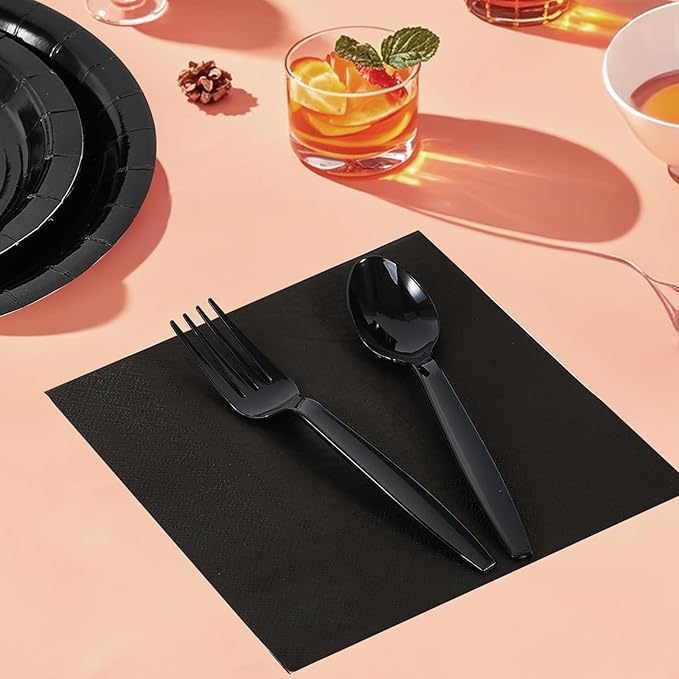 Ottin 169PCS Black Christmas Party Supplies for 24 Guests – Disposable Paper Plates, Napkins, Cups, Forks, Knives, Spoons & Tablecloth for Birthday, Wedding, Thanksgiving, Christmas, New Year