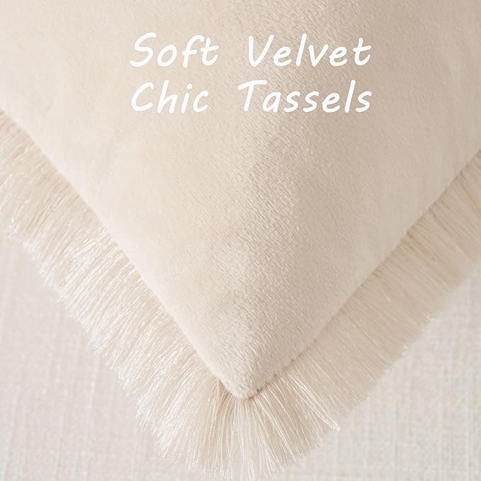 FUTEI Beige Velvet Decorative Throw Pillow Covers 16x16 Set of 2,Soft Cozy Edge with Tassels Cushion Case,Boho Modern Home Decor for Couch Bed Living Room
