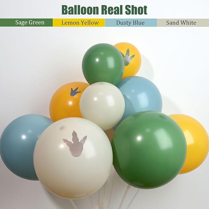 Dinosaur Balloon Arch Kit, 144pcs Dusty Blue, Sage Green & Yellow Latex Balloons with Footprint Stickers, Monstera Leaves for Boy's Three Rex Birthday, Baby Shower
