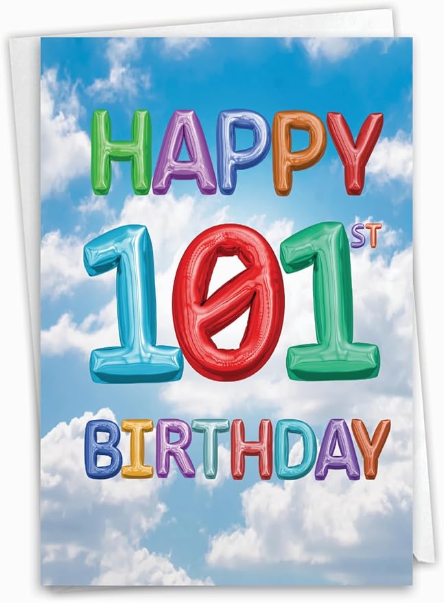 NobleWorks - Milestone Birthday Greeting Card with Envelope (4.63 x 6.75 Inch) - Inflated Messages-101 (Not Actual Balloons) C2769MBG