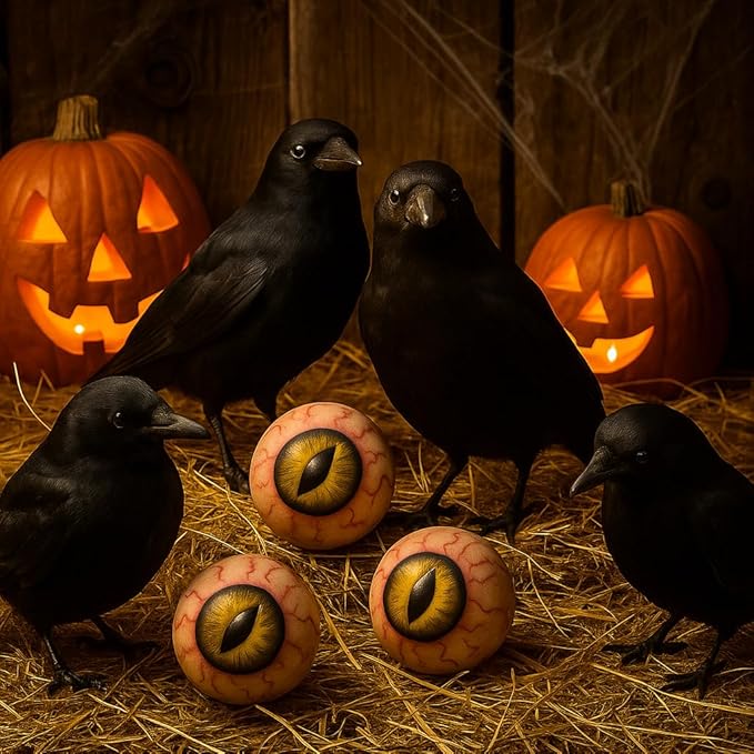 KatchOn, Black Crows with Eyes Halloween Decorations – Pack of 12 | Realistic Feathered Crows for Indoor Outdoor Halloween Decor | Scary Raven Decorations for Haunted House