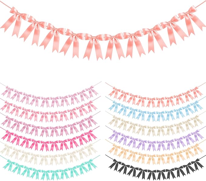 Rose Gold Bow Garland Bow Banner Bow Party Decorations Pre-Strung Large Coquette Satin Ribbon for Birthday Bachelorette Party Bridal Shower Wedding Engagement Baby Shower
