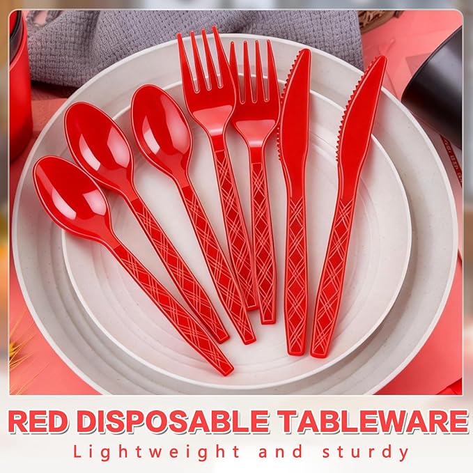 360-Pack Plastic Red Silverware Set, Disposable Cutlery Set, Plastic Forks and Spoons Knives Utensils Set (120 Each) for Christmas Party, Valentine‘s Day, Weddings, Festive Events