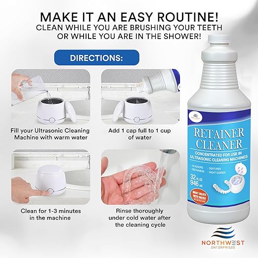 Northwest Enterprises Ultrasonic Retainer Cleaner Solution Concentrate – Multi-Enzymatic, Odor, Stain & Discoloration Remover, For Invisalign, Mouthguards & Nightguards
