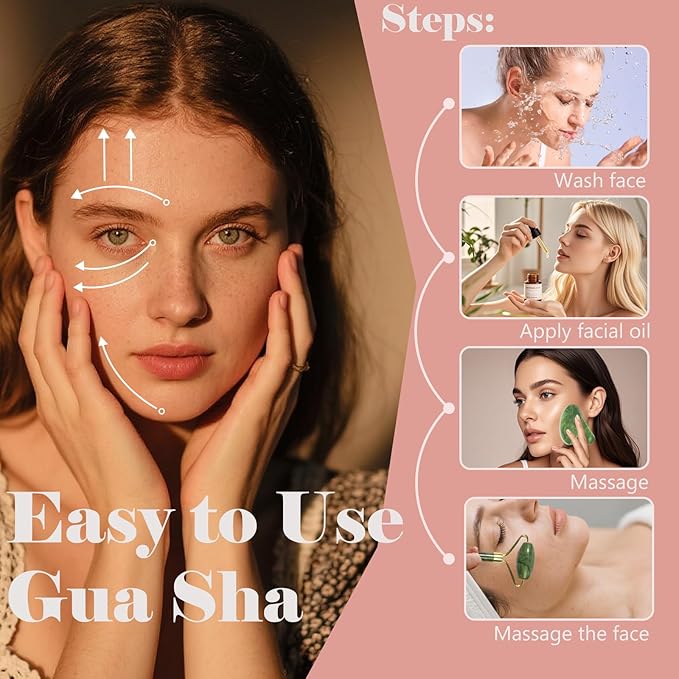 Jade roller and gua sha, facial roller, women's skincare tool, self-care gift, face, eye, neck massager, relieves fine lines and wrinkles, aventurine, opal, rose quartz
