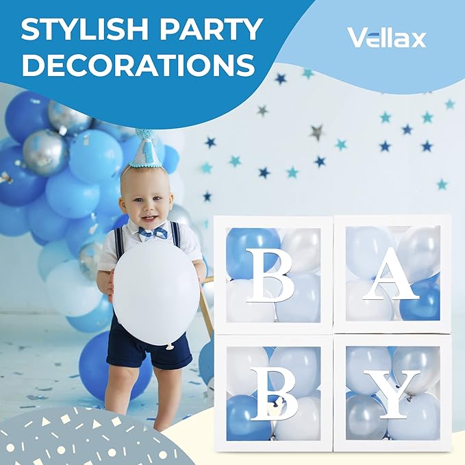 Baby Shower Boxes with Letters – White Boxes with Blue, Silver & White Balloons – 44-Piece Gender Reveal & Party Decoration Set by Vellax