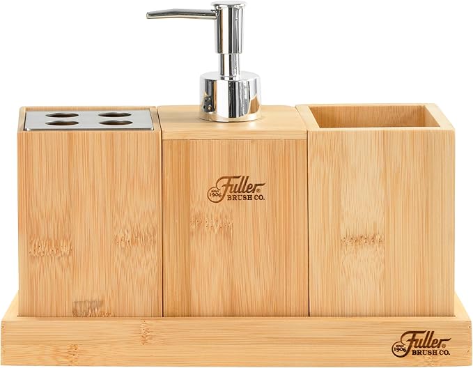 Fuller’s Bamboo Bathroom Counter Set – Eco-Friendly & Water-Resistant Sink Organizer | 4-Piece Vanity Tray, Soap Dispenser, Toothbrush Holder & Storage Container