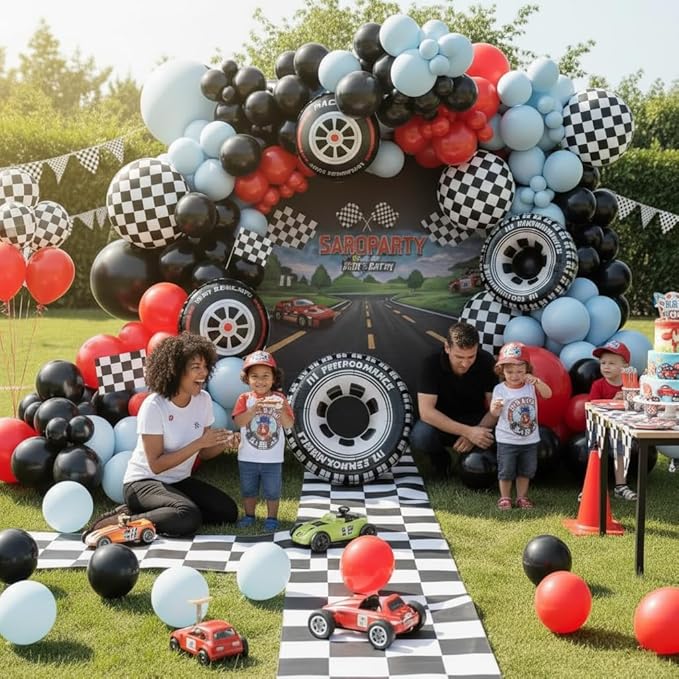 Race Car Balloon Arch Kit - 168Pcs Different Size Balloons Tire Flags Checkered Black Red Blue Balloon Garland Kit for Racing Car Two Fast 2nd Theme Boy Birthday Anniversary Party Decorations