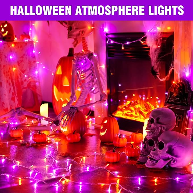 70 ft Purple-Orange LED String Lights – 210 LEDs on Transparent Wire, Waterproof & Connectable Holiday Décor – Spooky Halloween & Warm Christmas Ambiance