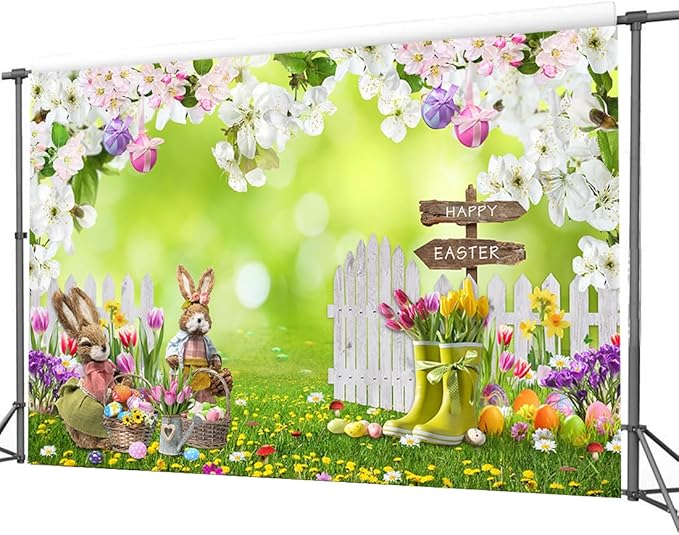 CYLYH 7x5FT Easter Backdrop Spring Flowers Grass Backdrop Colored Egg Rabbit Backdrop for Easter Party Decoration Baby Shower