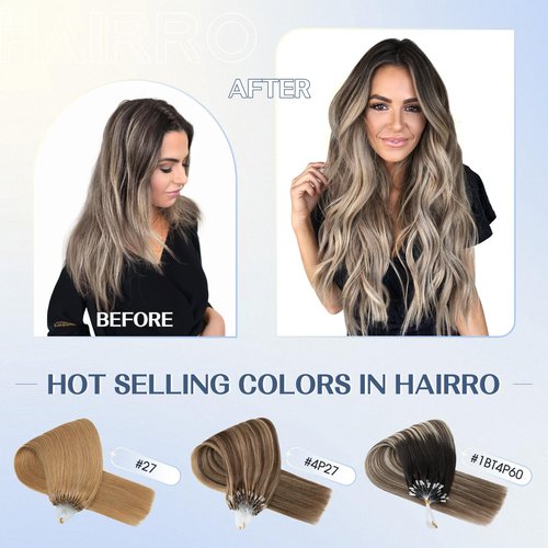 Hairro Microlink Hair Extensions For Women Remy Human Hair Bead In Pre Bonded Cold Fusion Keratin Glue Stick I Tip 20 Inch 50g 50 Strands #1BT4P60