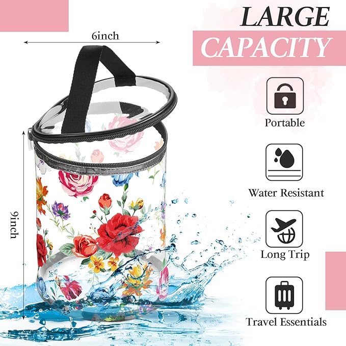Sanwuta Beach Gifts Heavy Duty Clear Lotion Toiletry Bags for Travel Sunscreen Makeup Cosmetic Pouch Cylinder Bag Waterproof Portable Trip Bag with Handle Zipper(Flowers)
