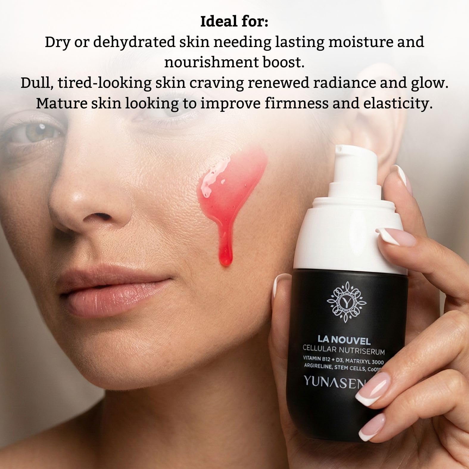 YUNASENCE LA NOUVEL Cellular Nutri Serum with Vitamin B12 (Methylated)+D3, Matrixyl 3000, Argireline, Stem Cells & CoQ10, 1oz Antiaging, Firming, Lifting, Collagen Boosting.