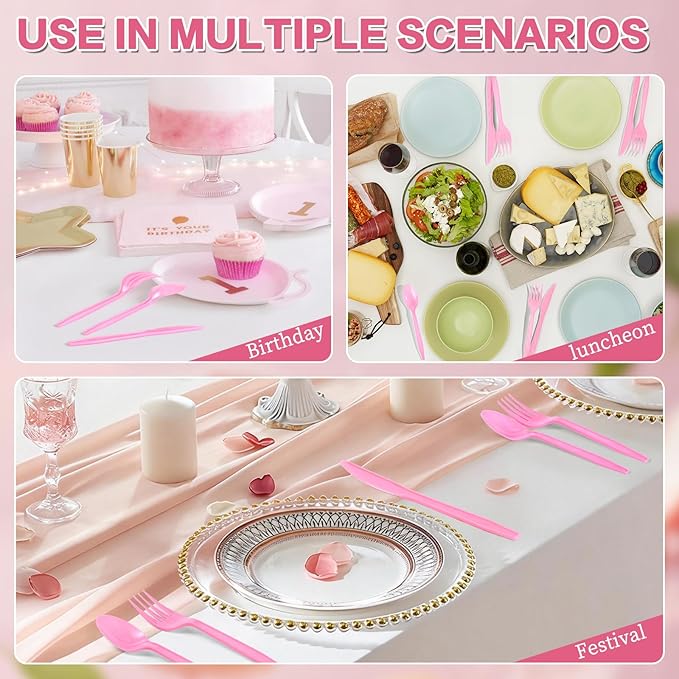 360-Pack Plastic Pink Silverware Set, Disposable Cutlery Set, Plastic Forks and Spoons Knives Utensils Set (120 Each) for Valentine's Day, Baby Shower, Bridal Shower, Princess Party, Easter