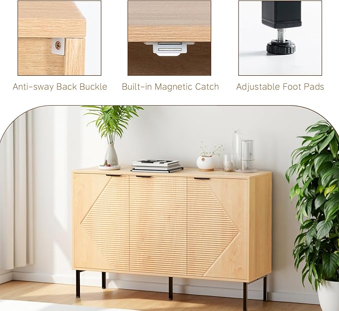 Buffet Sideboard Cabinet with Storage,45.98" Fluted Entryway Cabinet with 3 Doors and Shelves for Living Room,Hallyway