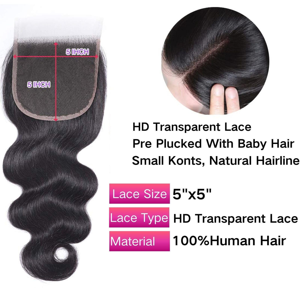 5x5 HD Lace Frontal Closure Body Wave Human Hair Extension - 16 Inch, Virgin Remy, Pre-Plucked, Natural Black