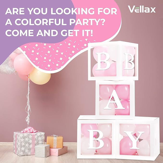 Baby Shower Boxes with Letters – White Boxes with Pink & White Balloons – 44-Piece Gender Reveal & Party Decoration Set by Vellax-Piece Gender Reveal & Party Decoration Set by Vellax