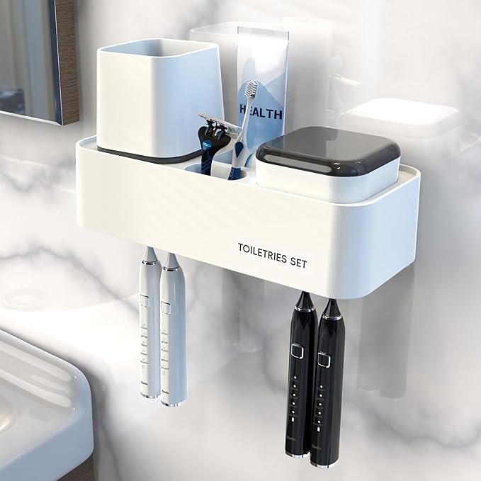 7AM2M Toothbrush Holders for Bathrooms,2 Cups Bathroom Organizer with Secure Hook - Stylish Wall Mounted or Desktop Use,Bathroom Organization and Storage,4 Toothbrush Slots, (White)