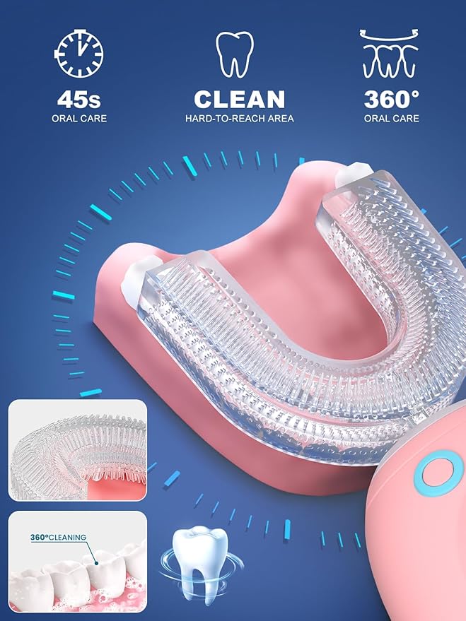 FTOYIN Kids Electric Toothbrush with 3 Brush Heads, U Shaped Ultrasonic Toothbrush Kids with 5 Modes, 45s Smart Reminder, 360-Degree Automatic Cleaning, IPX7 Waterproof Design