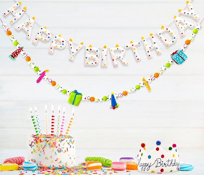 Pre-Strung Happy Birthday Banner Handmade Wool Felt HAPPY BIRTHDAY Garland, Reusable Rainbow Party Decorations,Personalized Holiday Sign for Kids Birthday Party Decor,Photo Prop (Confetti Dots Banner)