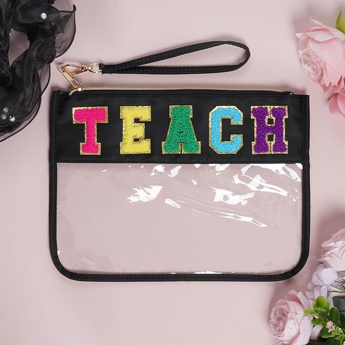 Chenille Letter Bag, Multi-purpose Nylon Clear Makeup Cosmetic Bags Flat Pouches with Zipper for Travel, Gym, Beach (Black-Teach)