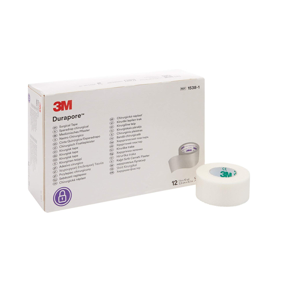 3M Durapore Medical Tape, Non-Sterile, Silk-Like Cloth, White, 1 in x 10 yds, 12 Rolls, 1 Pack
