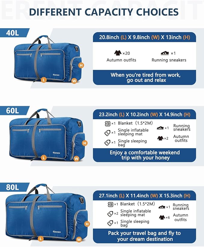 Gonex 40L 60L 80L 100L 150L Large Foldable Travel Duffle Bag with Shoes Compartment, Packable Lightweight Water Repellent Duffel Bag for Camping Gym Weekender Bag