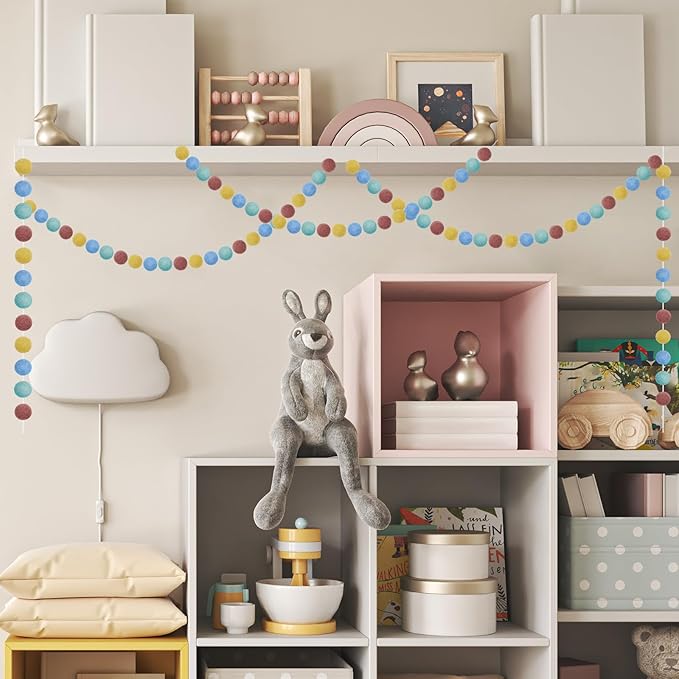 Boao 2 Pieces Wool Felt Ball Garland Colorful Pom Pom Garland Handmade 6.5 Feet Long 24 Balls Felt Banner for Wall Christmas Tree Decoration (Morandi Color)