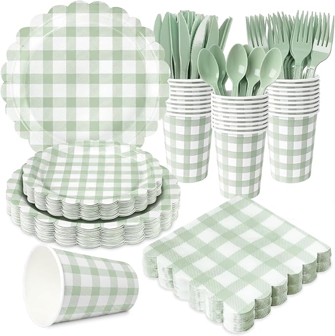 175 PCS Sage Green Gingham Party Supplies Includes Green Gingham Paper Plates, Cups, Napkins, Cutlery for Wedding Bridal Shower Birthday Baby Shower Party Decorations, Serves 25