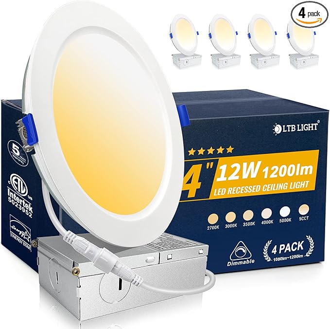 4 Pack Recessed Lighting 4 inch, 5000K Ultra-Thin LED Canless Recessed Lighting, Retrofit Dimmable Recessed Lights, 1200LM 12W=150W Wafer Lights - ETL & Energy Star Certified