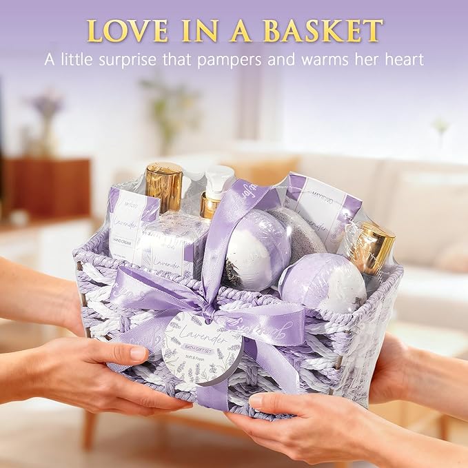 Birthday Gifts for Women, Lavender Relaxing Spa Gift Baskets for Women Self Care Package Bath Gift Set, Home Bath and Body Kit Pamper Valentines Day Gifts for Her Womens Mom Friends Wife Girlfriend
