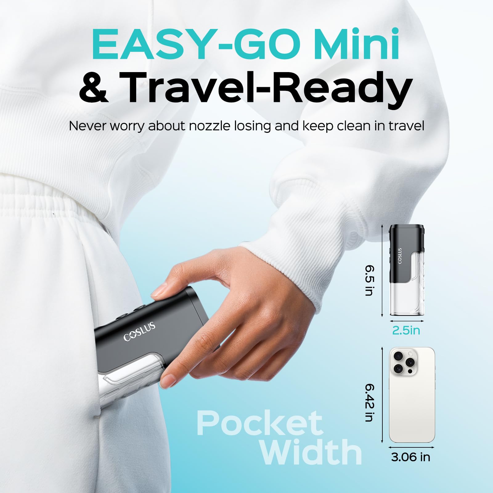 COSLUS T40 Mini Water Flosser for Travel: Portable Compact Design, Cordless Oral Irrigator with 4 Modes, Removable Tank, IPX7 Waterproof for Braces, Orthodontic, Sensitive Teeth On-the-Go Use, Black