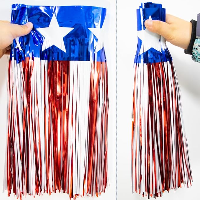 4 Packs 10 Feet Long Foil Fringe 4th of July Star Garland Memorial Day USA Red White Blue Independence Day Tinsel Metallic Streamers Patriotic Banner Car Parade Floats Garden Trailer Decor