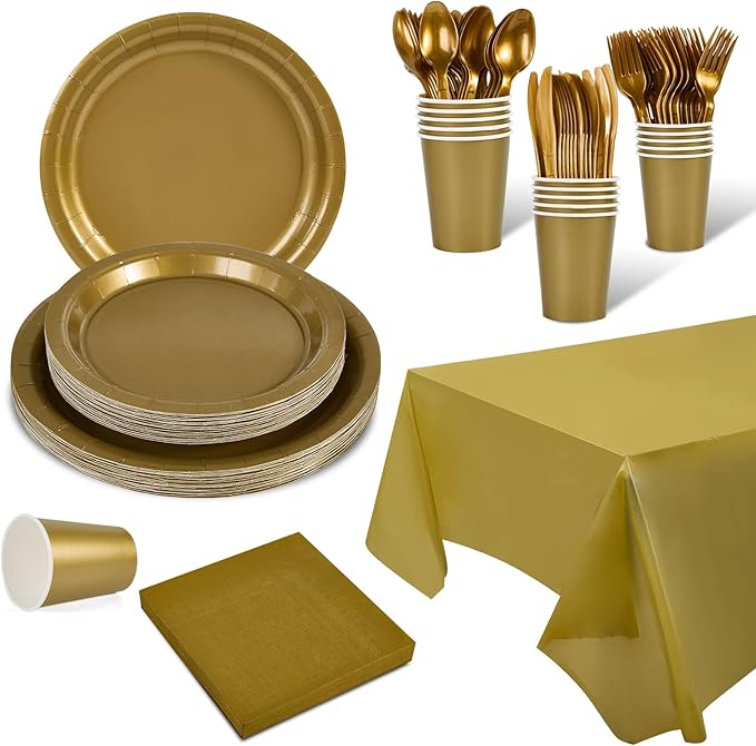 Ottin 169PCS Gold Christmas Party Supplies for 24 Guests – Disposable Paper Plates, Napkins, Cups, Forks, Knives, Spoons & Tablecloth for Birthday, Wedding, Thanksgiving, Christmas, New Year