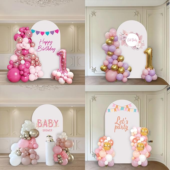 Metal Arch Backdrop Stand and Cover Set, 6.6FT White Reusable Spandex Fitted Backdrop Cover and Gold Wedding Arch Frame for Baby Shower, Birthday, Parties Decoration.