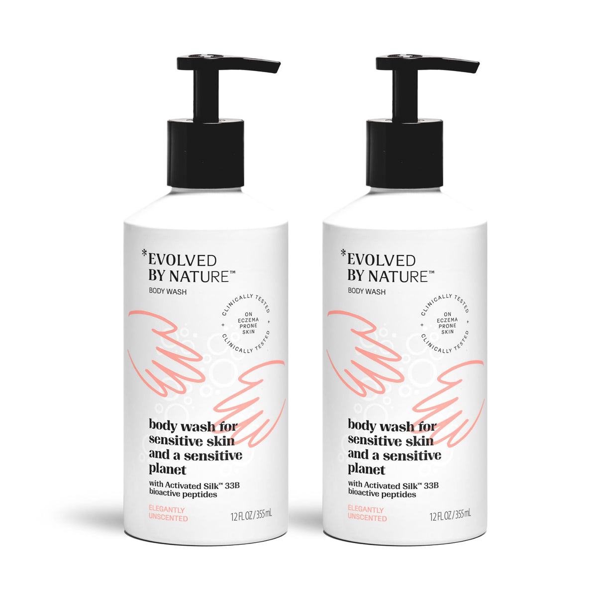 EVOLVED BY NATURE Body Wash, Unscented Shower Gel, 12oz (Pack of 2) Gentle, Clinically Proven Body Soap Liquid to Help Sensitive Skin Retain Moisture and Look Smoother, Less Dry, Red & Flaky