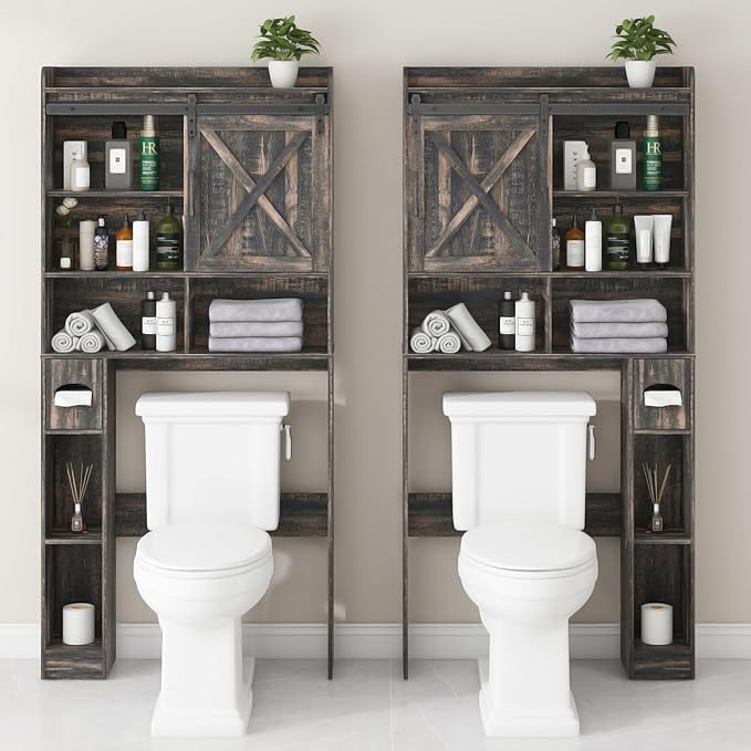 Over The Toilet Storage Cabinet, Farmhouse Storage Cabinet Over Toilet with Sliding Doors & Toilet Paper Holder Stand，Home Space-Saving Toilet Rack, for Bathroom, Laundry(Dark Grey)