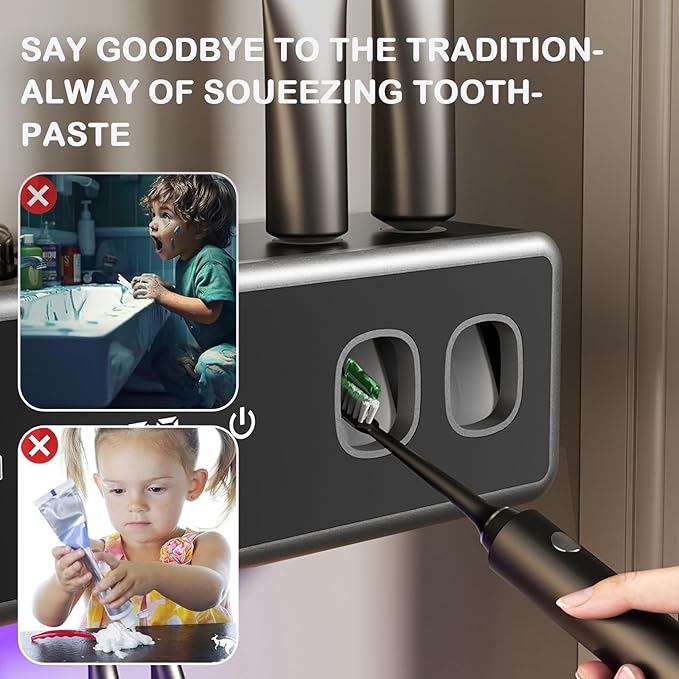 Toothbrush Holders for Bathrooms,Electric Toothbrush Holder Wall Mounted - 6 Brush/3 Cup,Automatic Toothpaste Dispenser & Hot Dry,Smart Cleaning,Bathroom Storage Upgrade (Black)