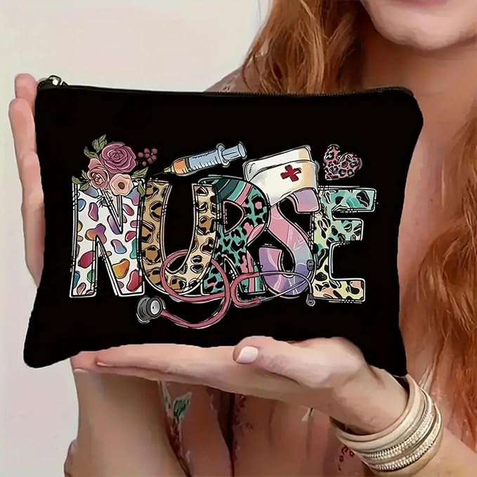 GRITOSE Nurse Makeup Bags Nurse Gift Nurse Accessories Toiletry Bag for Birthday Gift Friend Student Nurse Cosmetic Bags With Zipper, Black Small Cosmetic Travel Pouch