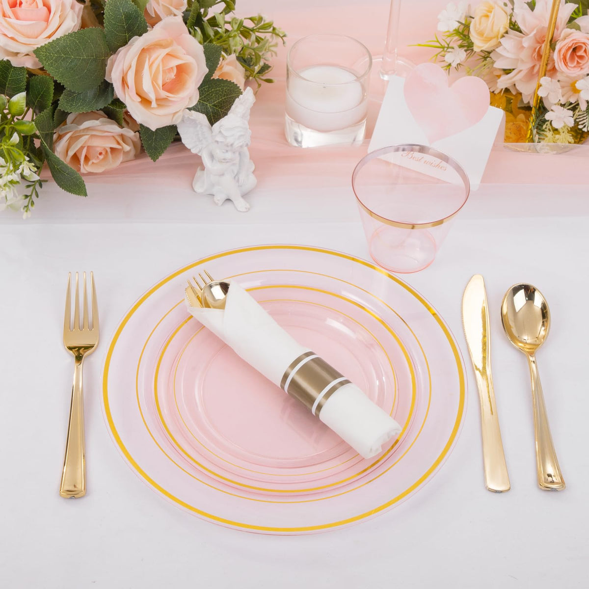 WELLIFE 210Pcs Clear-Pink Plastic Dinnerware- Pink and Gold Plastic Dinnerware include 30 Dinner Plates, 30 Dessert Plates, 90 Gold Silverware, 30 Cups and 30 Napkins Perfect for Parties