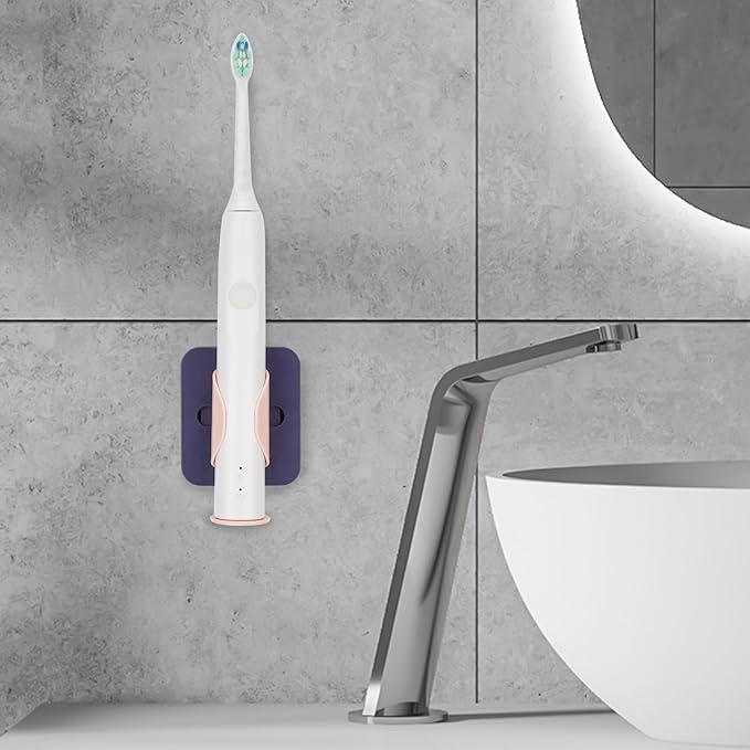 2-Pack Gravity Electric Toothbrush Holder, Wall Mounted Auto-Grip Stand with Open Drain & Charging Port, Self-Adhesive Hygienic Storage Caddy for Bathroom (Purple & Pink)