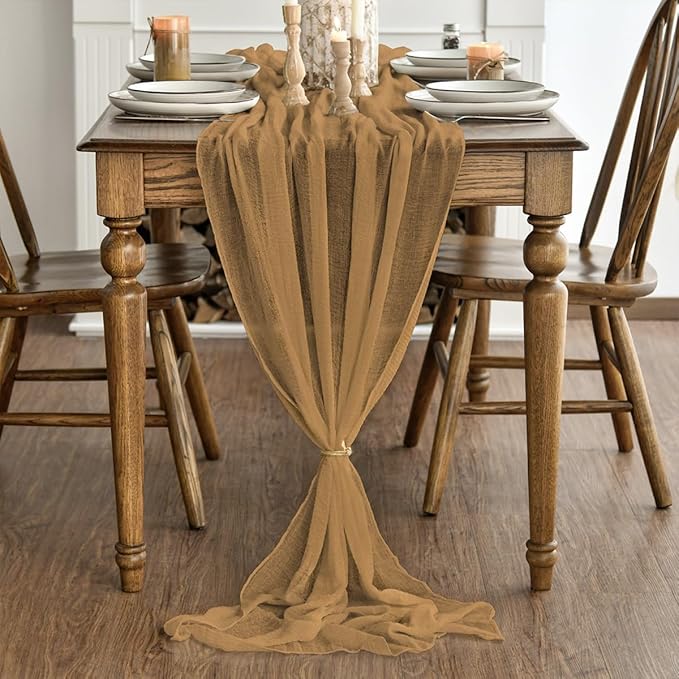 Artoid Mode Boho Cheesecloth Gauze Mustard Yellow Wedding Table Runner, 120 Inch Seasonal Fall Thanksgiving Fabric Kitchen Dining Holiday Table Decor for Home Party Indoor