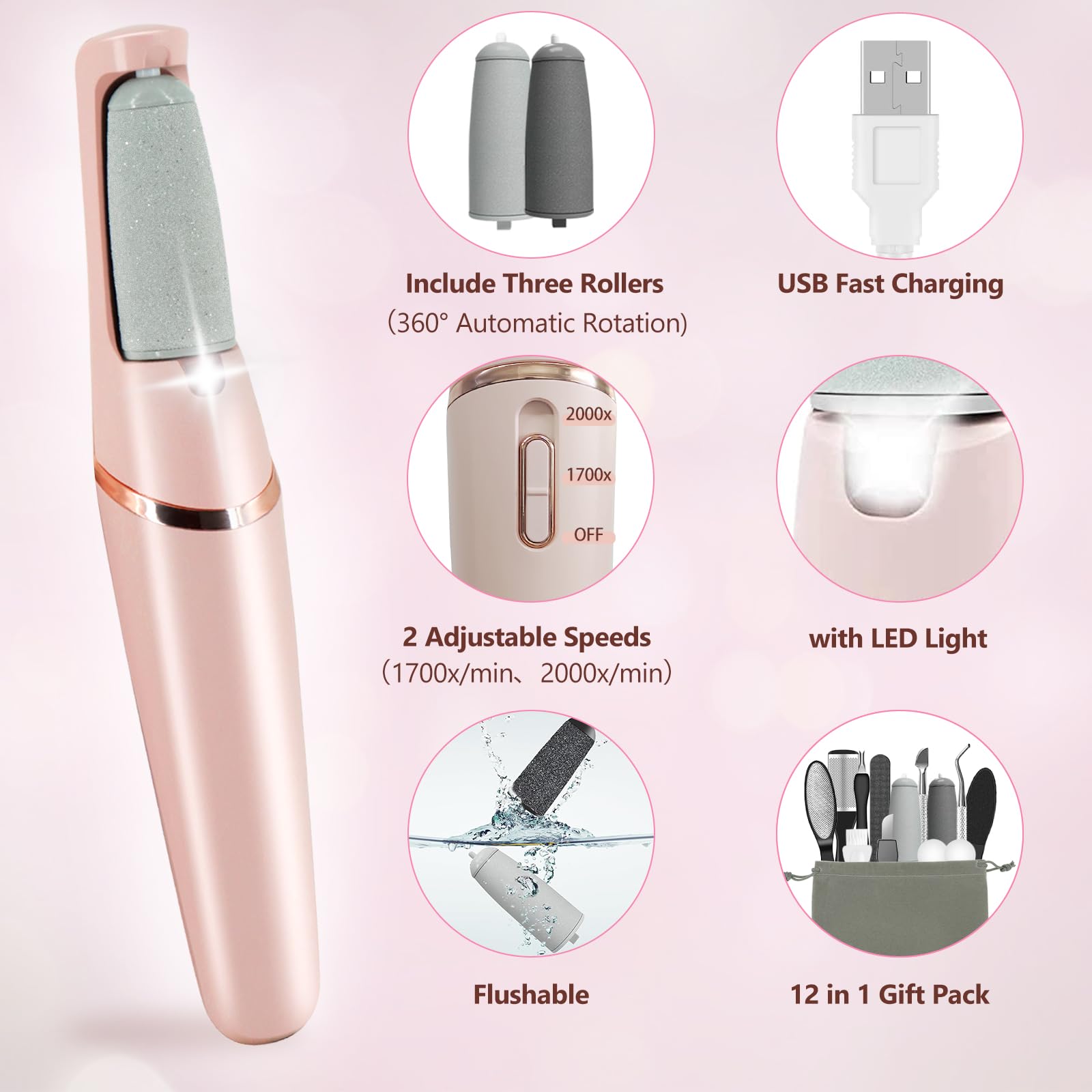 Electric Callus Removers for Feet, Haootadiy Electric Foot Callus Remover Pedicure Kits Rechargeable with12 in 1, Removes Dry Skin for Smoother Feet, Foot Care for Dead Skin Ideal Gift, Assorted