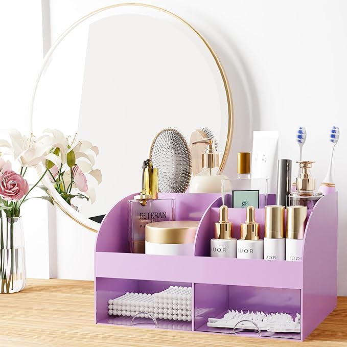 Makeup Organizer with Drawers, Cosmetic Storage for Dresser Vanity and Bathroom Countertop, Beauty Holder for Lipstick Brush, Skincare Organizer for Vanity, Cosmetic Display Case (Purple)