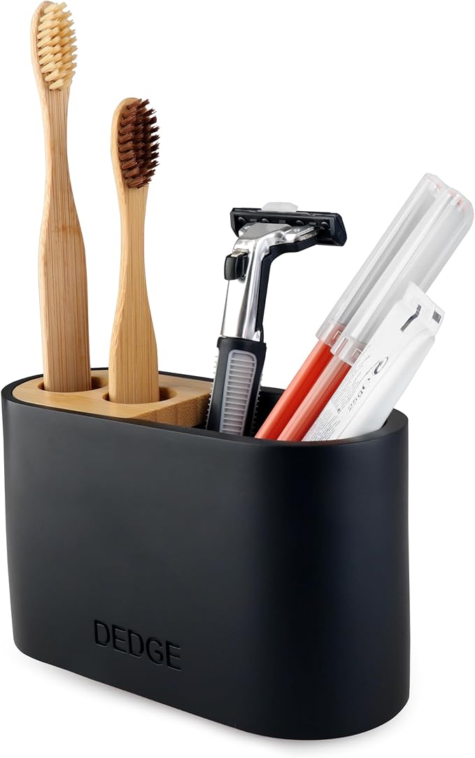 Dedge 3 Slots Bamboo Toothbrush Holder Electric Toothbrush Holder and Toothpaste Holder for Bathroom Countertop Accessories Storage,Toothbrush Holders for Bathrooms, Black Sandstone Style Organizer